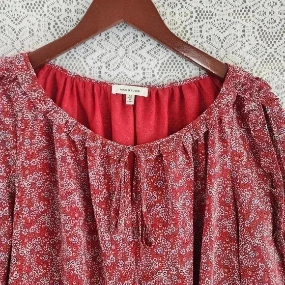 Max Studio Ruffle ScoopNeck Floral Keyhole Cold Should Chiffon Blouse M - Picture 3 of 12